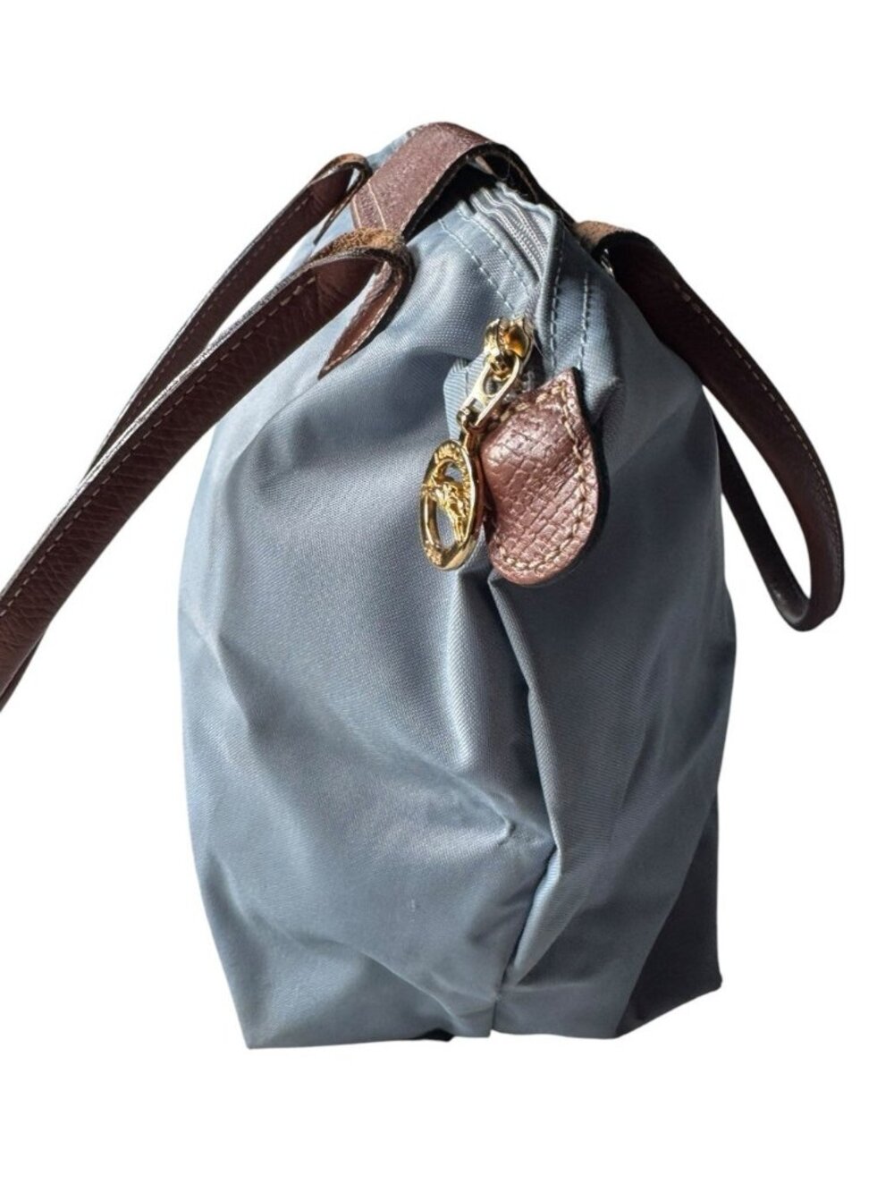 Longchamp Le Pliage Womens Tote Bag Small Light Blue Brown Leather Long Straps - Picture 7 of 16